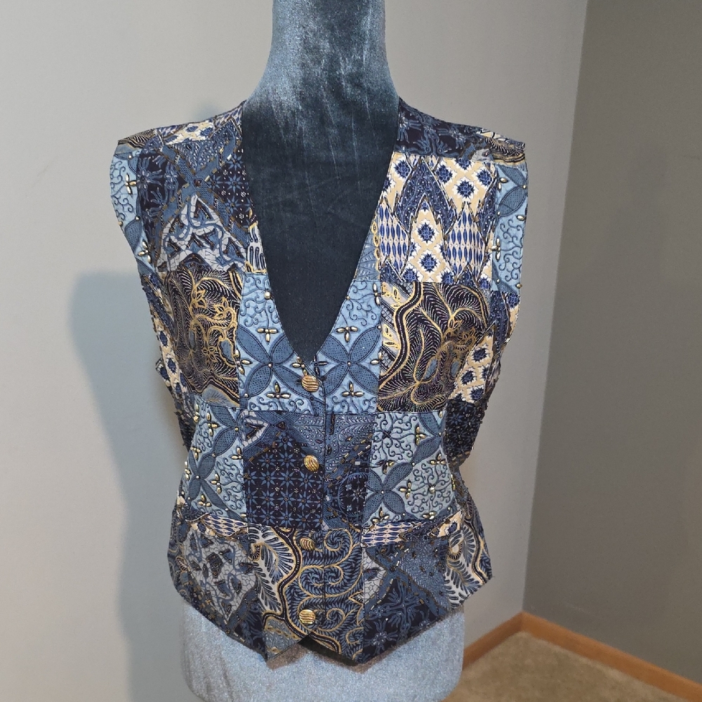 Blue Gold Batik Patchwork Tailored Vest | Boho Artisan | V-Neck | Gold Button |